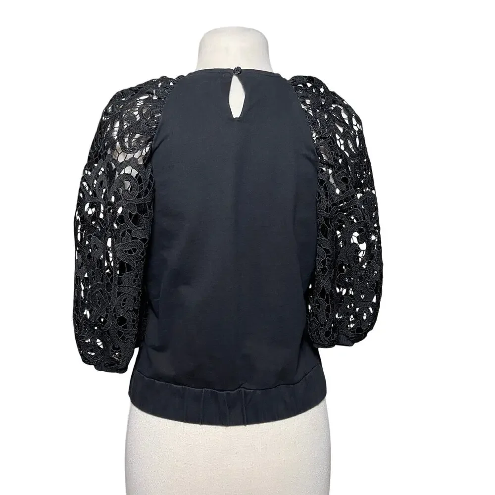 ANTHROPOLOGIE DOLAN Women’s Black Lace 3/4 Puff Sleeve Bubble Hem top